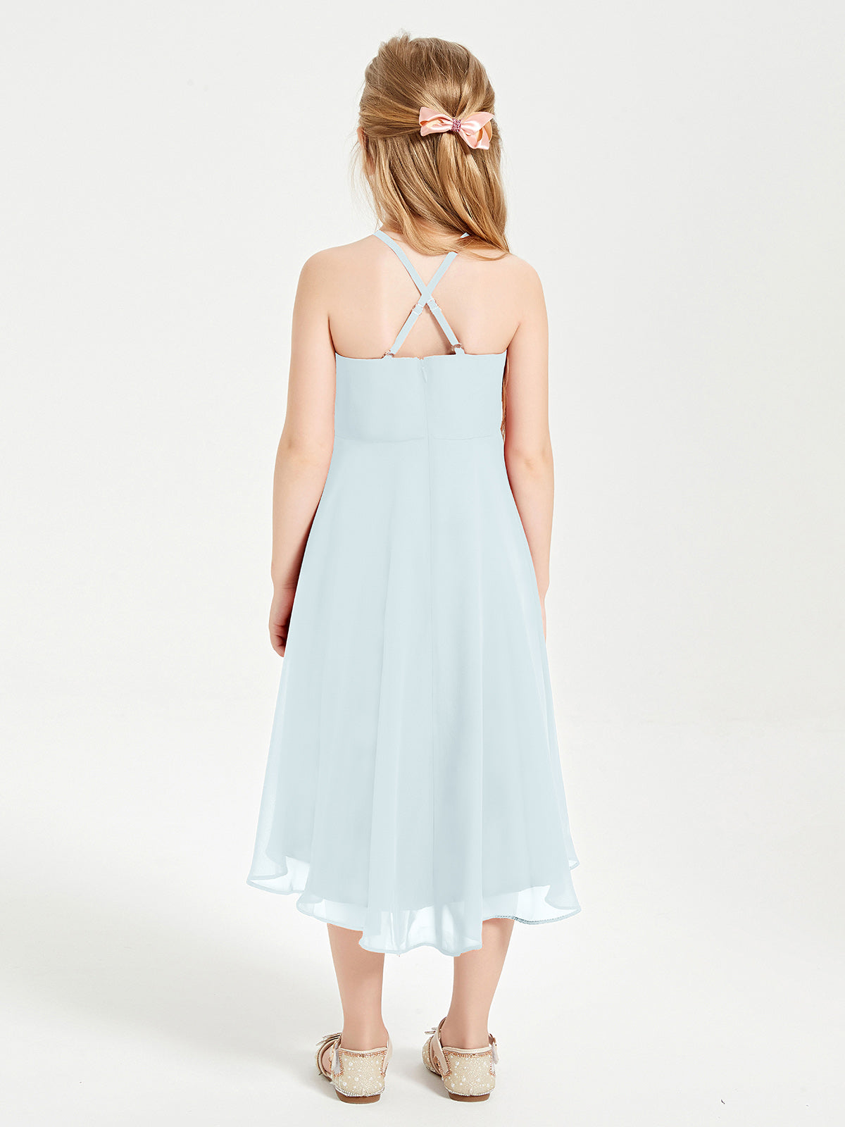 Tea Length Junior Bridesmaid Dresses with Asymmetrical Skirts Mist